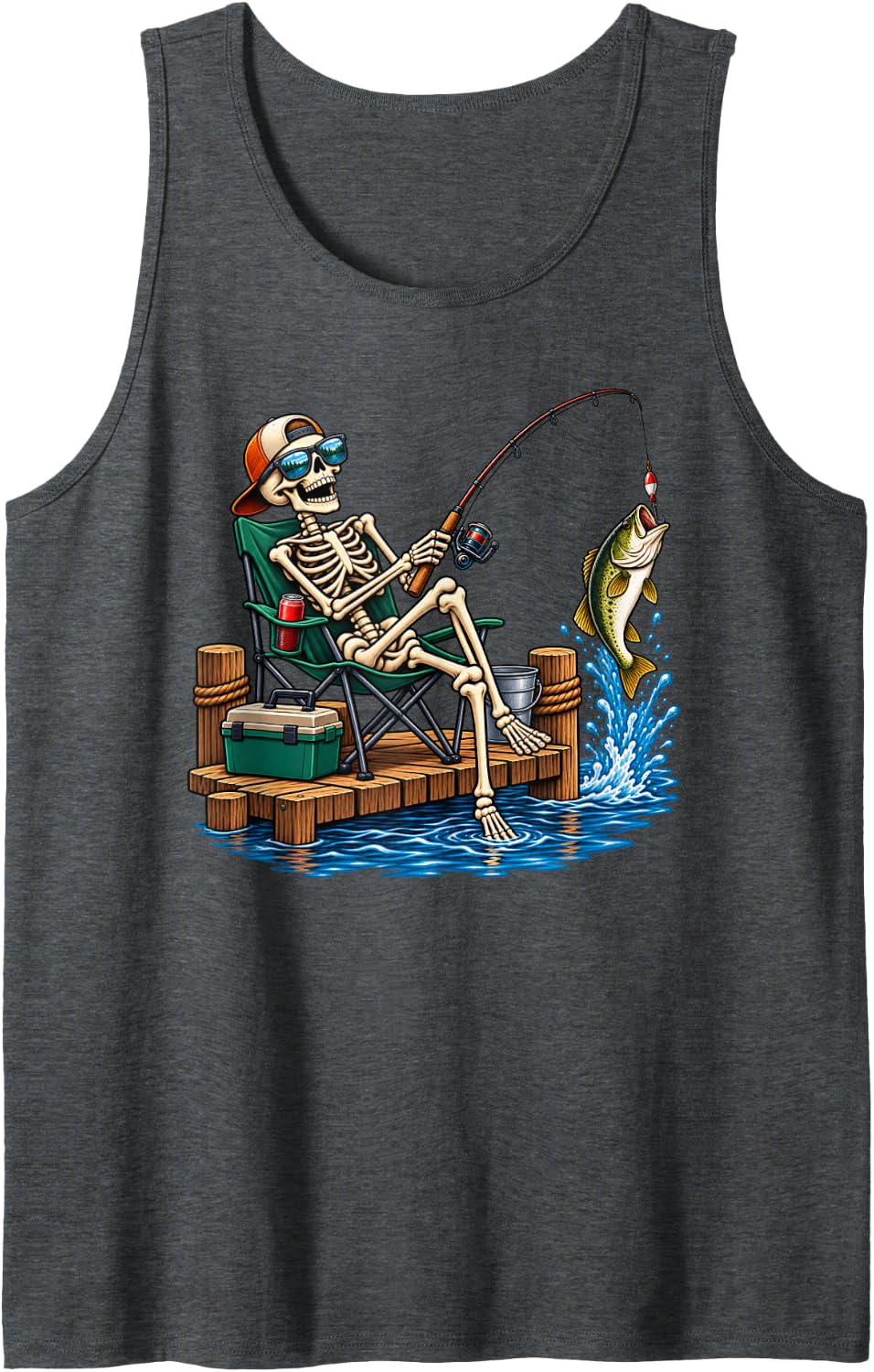 Skeleton Fishing Halloween Tank Top - Dark Heather Grey