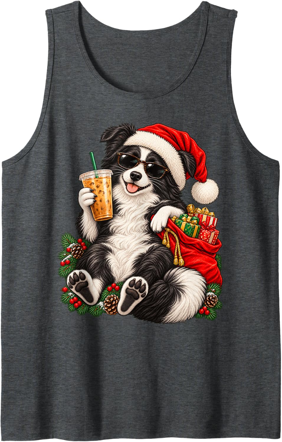 Smiling Border Collie Christmas Iced Coffee Sunglasses Sleeveless Tank Top - Dark Heather Grey