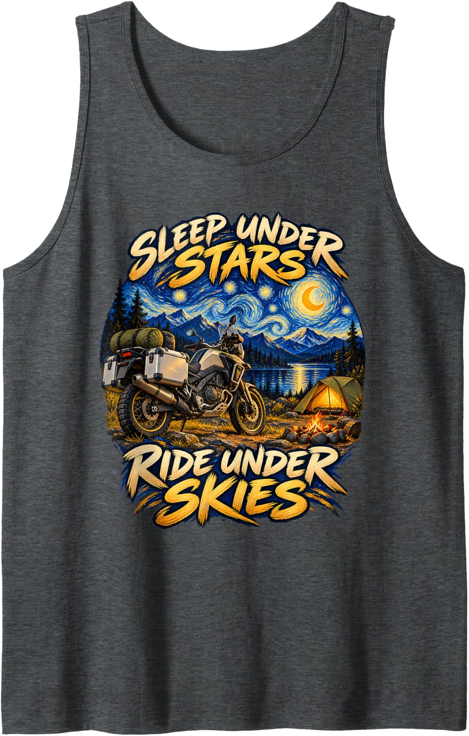 Sleep Under Stars Ride Under Skies Moto Camper Sleeveless Tank Top - Dark Heather Grey