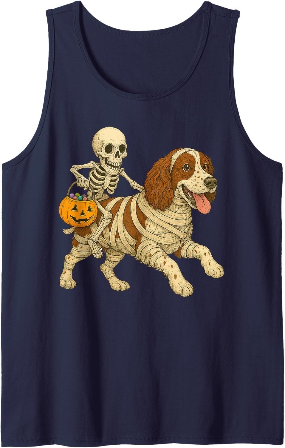 Skeleton Riding Mummy English Springer Spaniel Dog Halloween Sleeveless Tank Top - Navy Blue