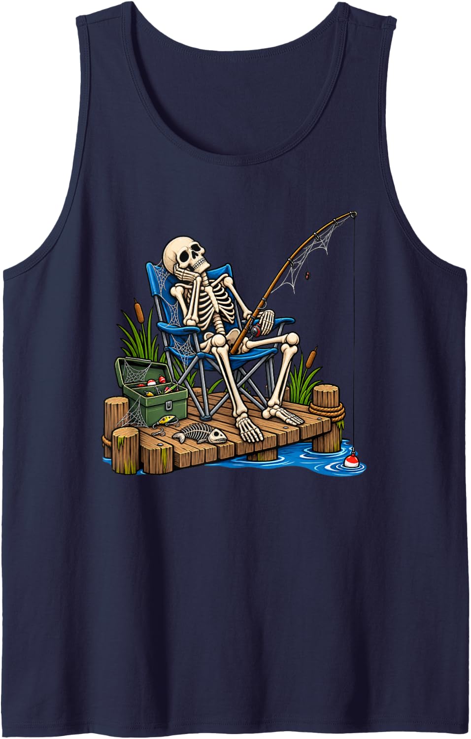 Skeleton Fishing Funny Halloween Tank Top - Navy Blue