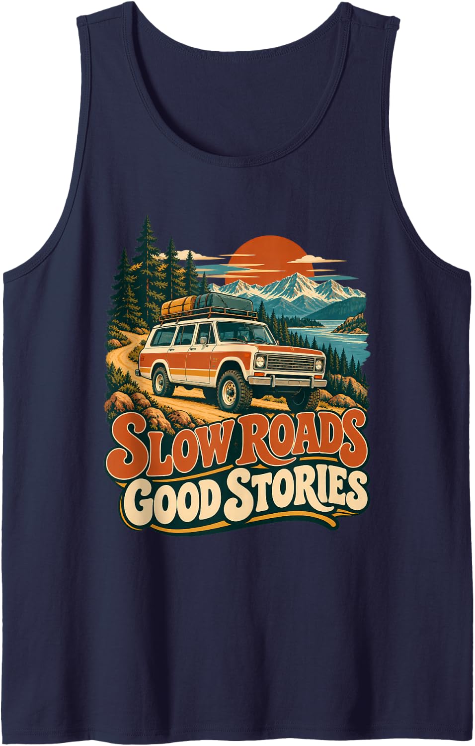 Slow Roads Good Stories Vintage Overlanding 4x4 Adventure Sleeveless Tank Top - Navy Blue