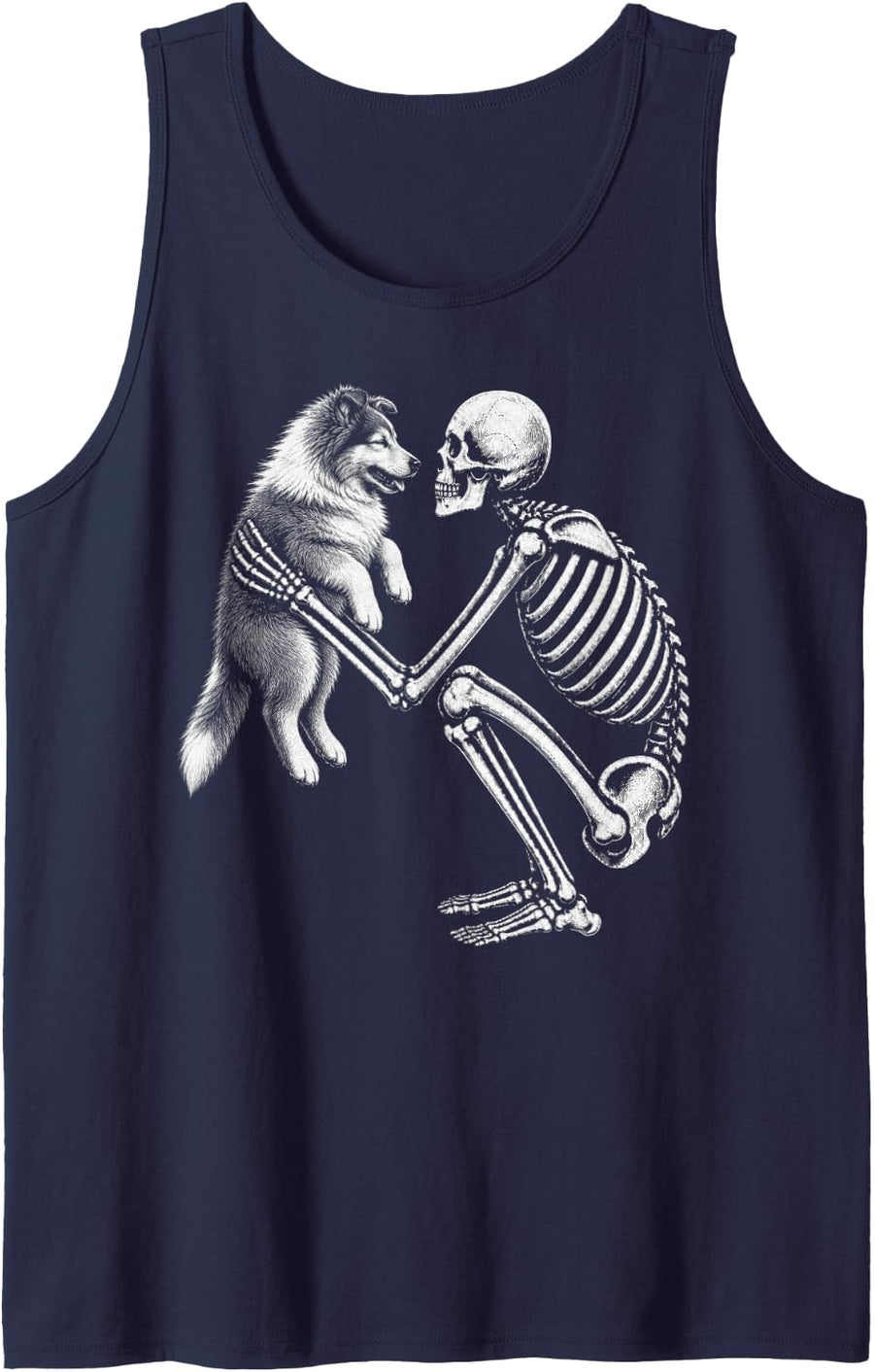 Skeleton Holding Rough Collie Retro Halloween Dog Sleeveless Tank Top - Navy Blue