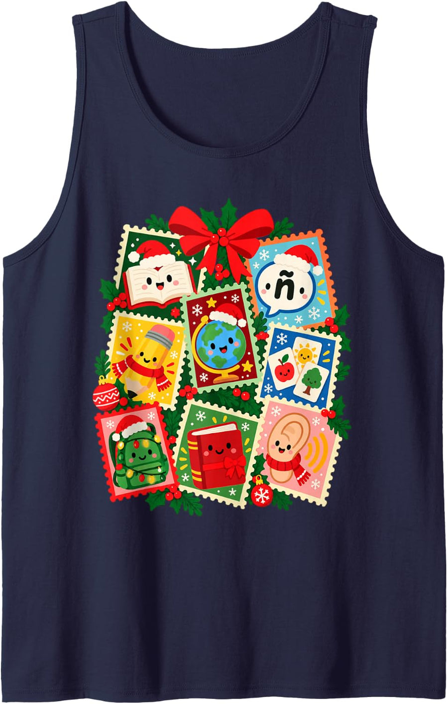 Spanish Teacher Christmas Language Classroom Stamp Art Sleeveless Tank Top - Navy Blue