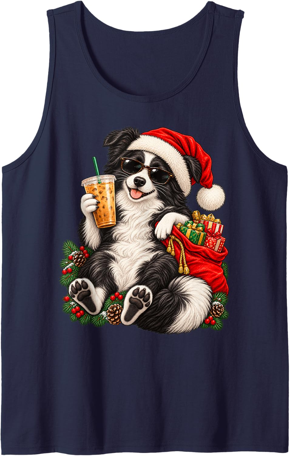Smiling Border Collie Christmas Iced Coffee Sunglasses Sleeveless Tank Top - Navy Blue