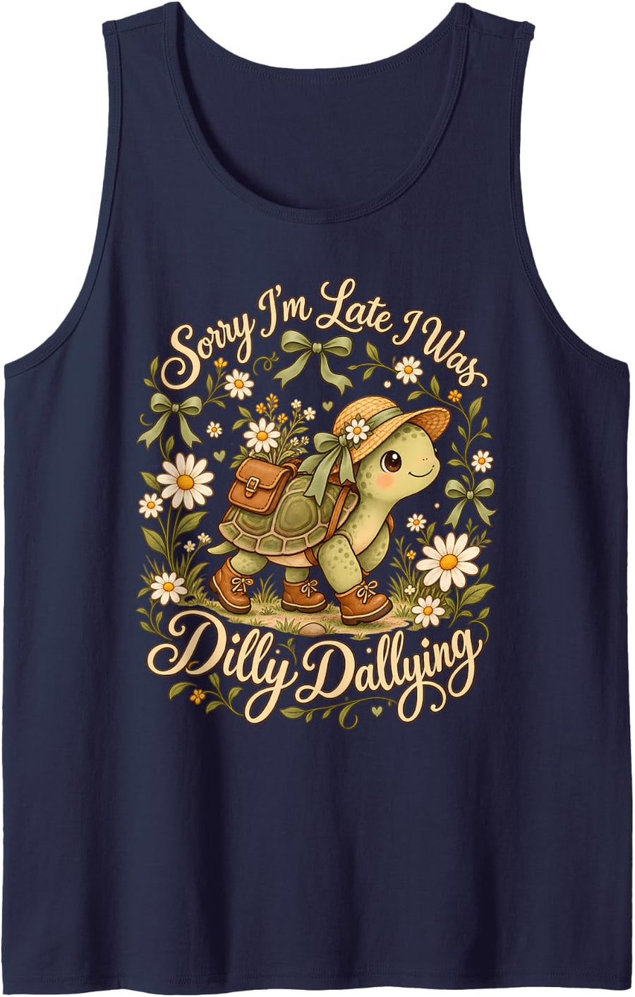 Sorry I'm Late I was Dilly Dallying Cute Turtle Cottagecore Tank Top - Navy Blue