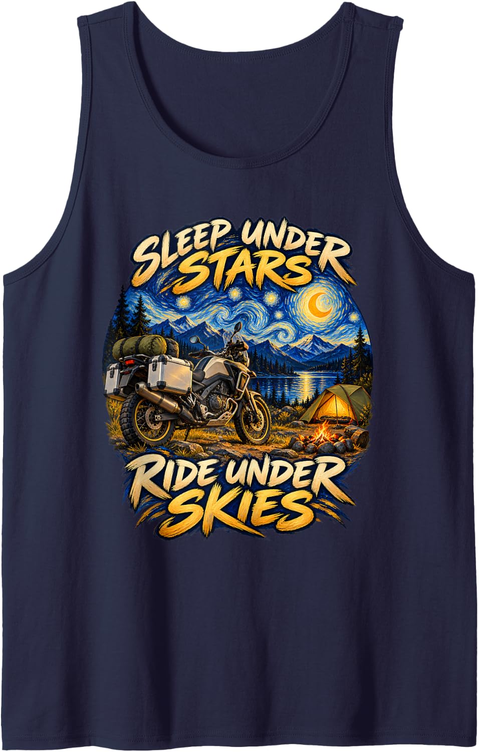 Sleep Under Stars Ride Under Skies Moto Camper Sleeveless Tank Top - Navy Blue