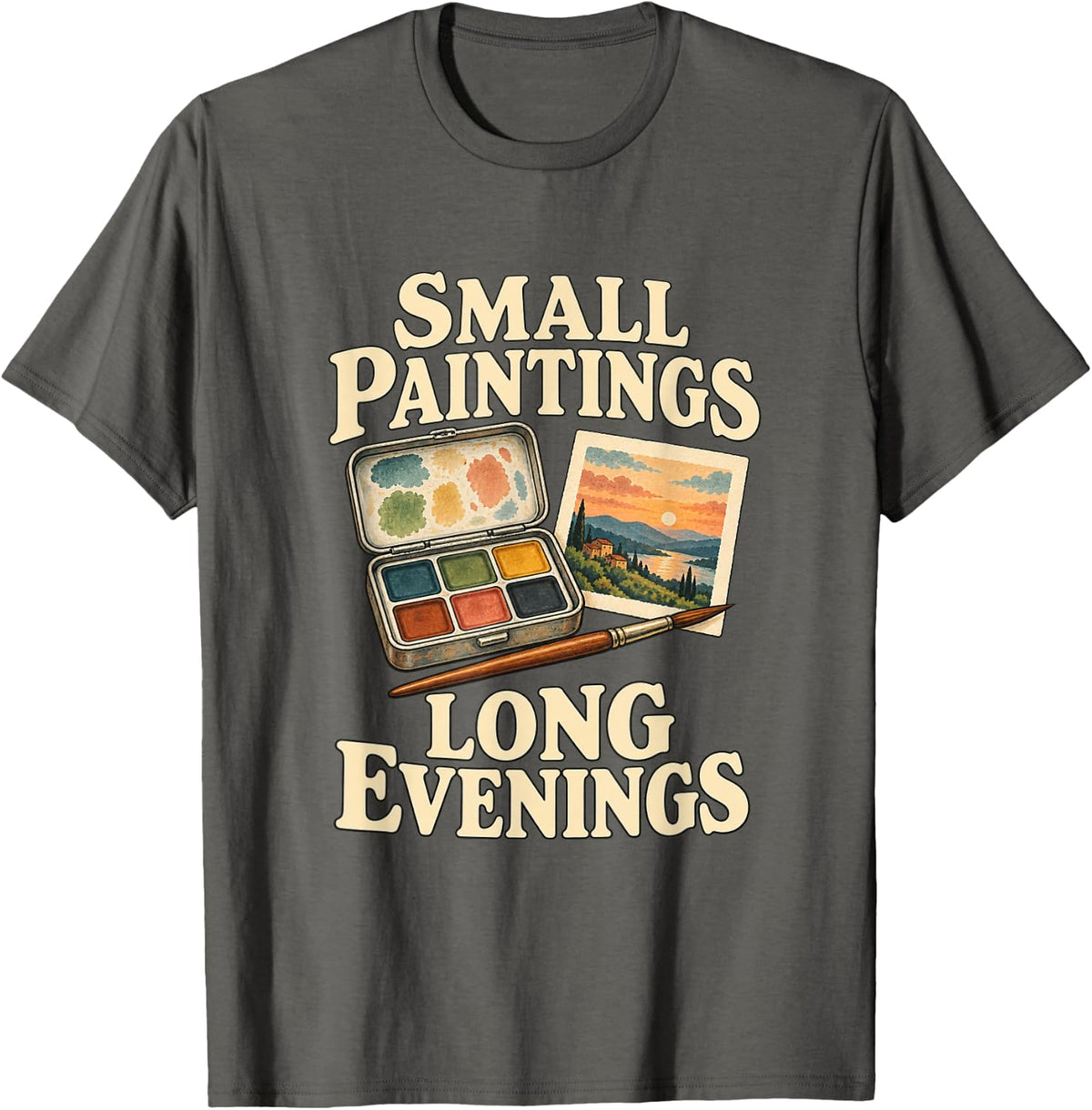 Small Paintings Long Evenings Mini Watercolor Artist T-Shirt - Asphalt Grey