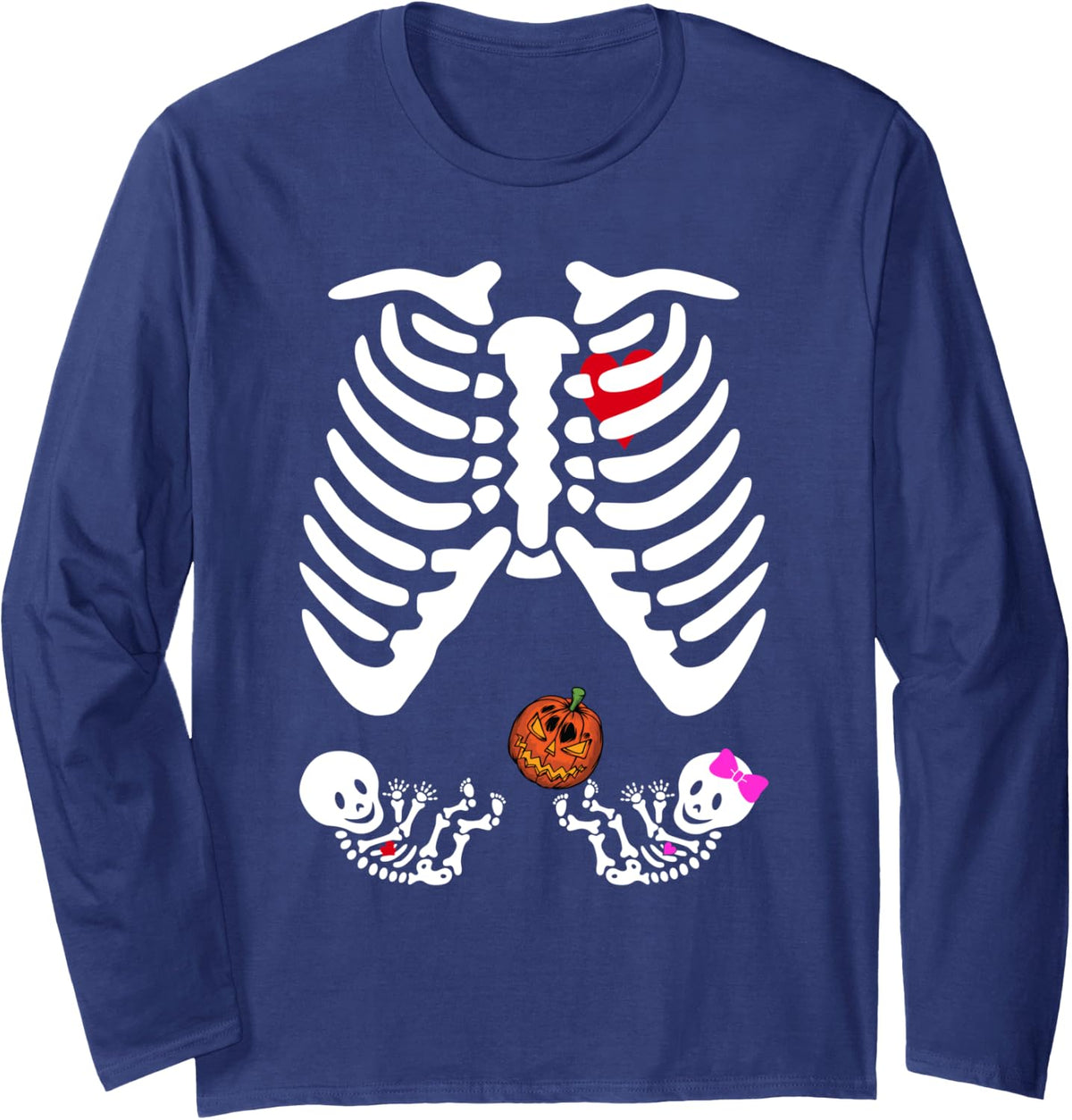 Skeleton Twins Girl Boy Pregnancy Halloween costume Pumpkin Long Sleeve T-Shirt - Adult Unisex Navy Blue