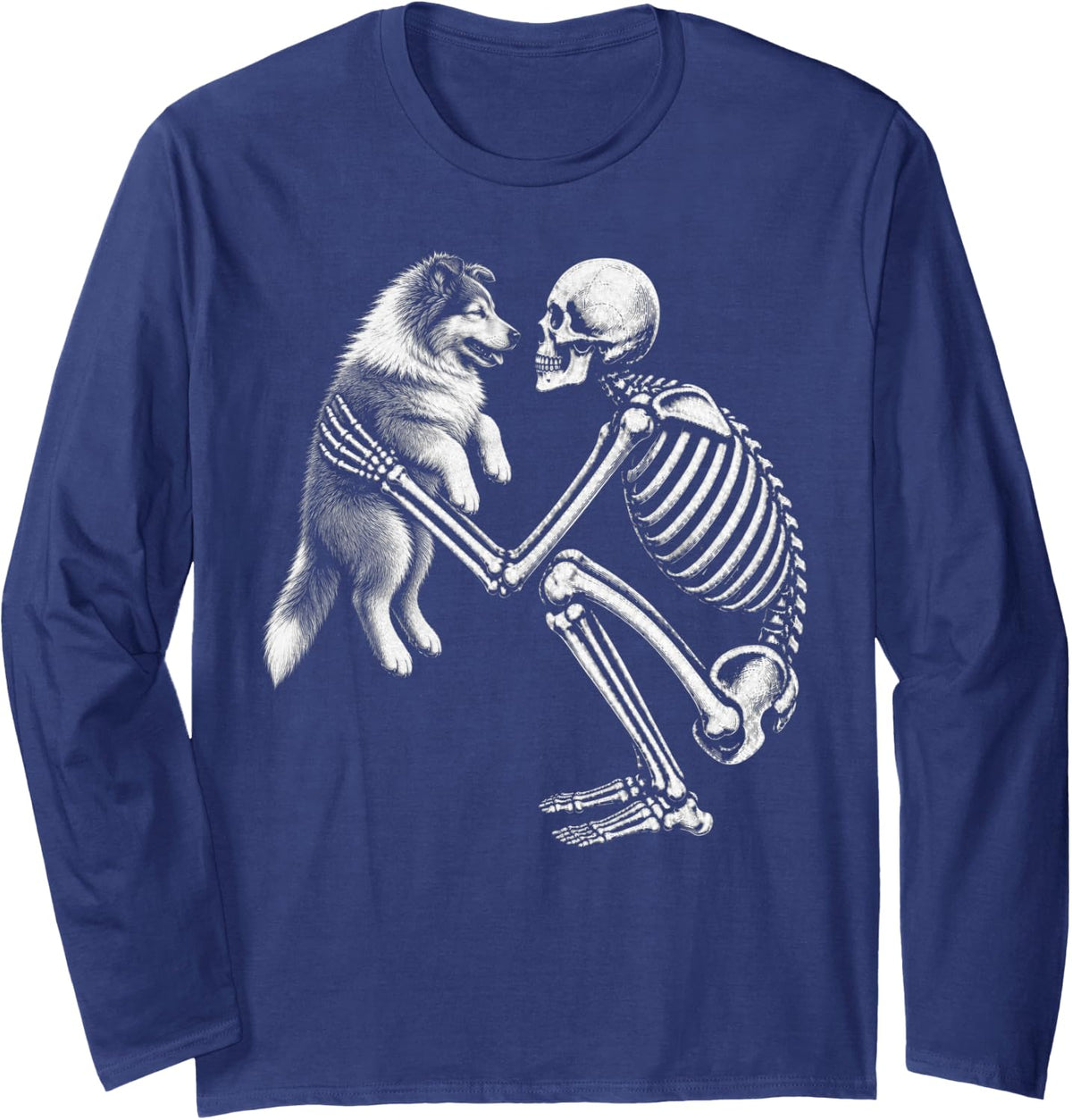 Skeleton Holding Rough Collie Retro Halloween Dog Long Sleeve T-Shirt - Adult Unisex Navy Blue
