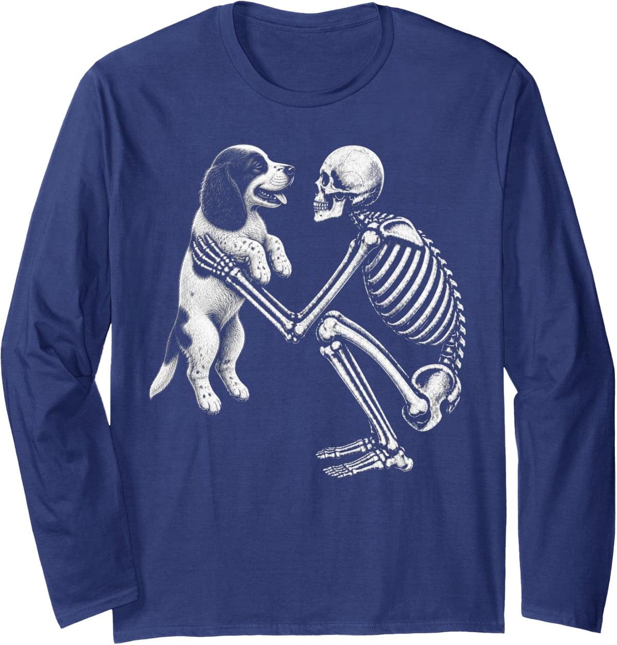 Skeleton Holding English Springer Spaniel Retro Halloween Long Sleeve T-Shirt - Adult Unisex Navy Blue