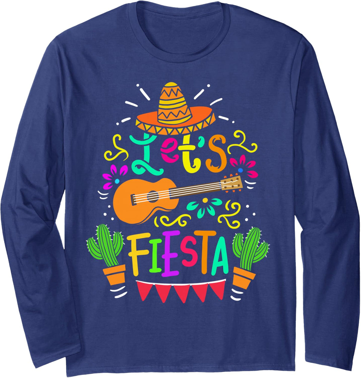 Cinco De Mayo Mexican Guitar Cactus for Men Women Boys Girls Long Sleeve T-Shirt - Adult Unisex Navy Blue