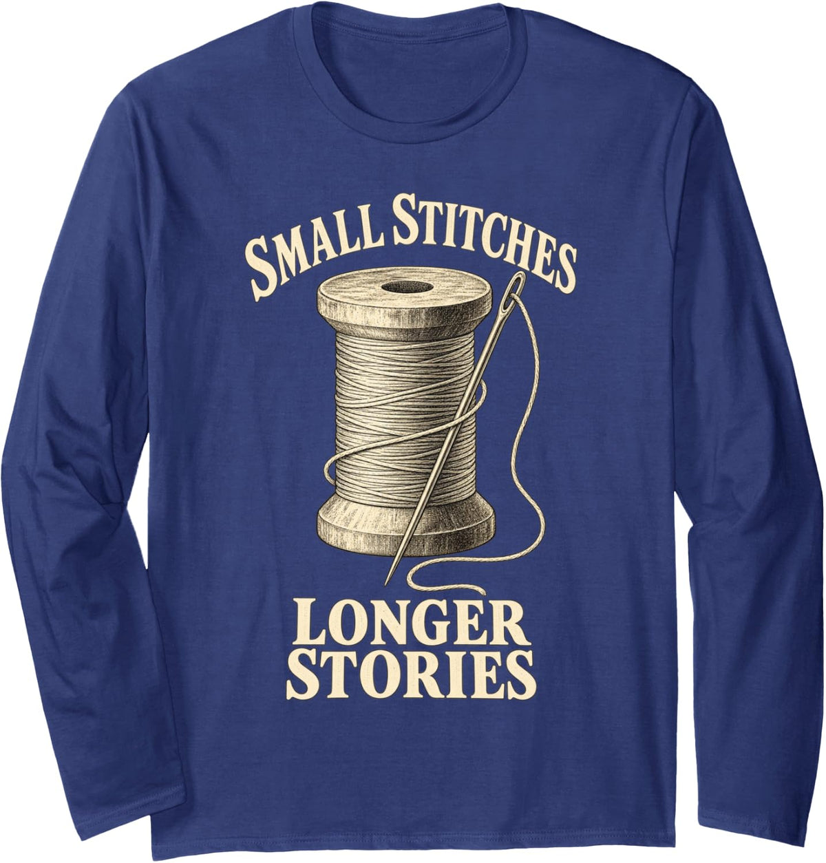Slow Stitching Visible Mending Vintage Sewing Thread Art Long Sleeve T-Shirt - Adult Unisex Navy Blue
