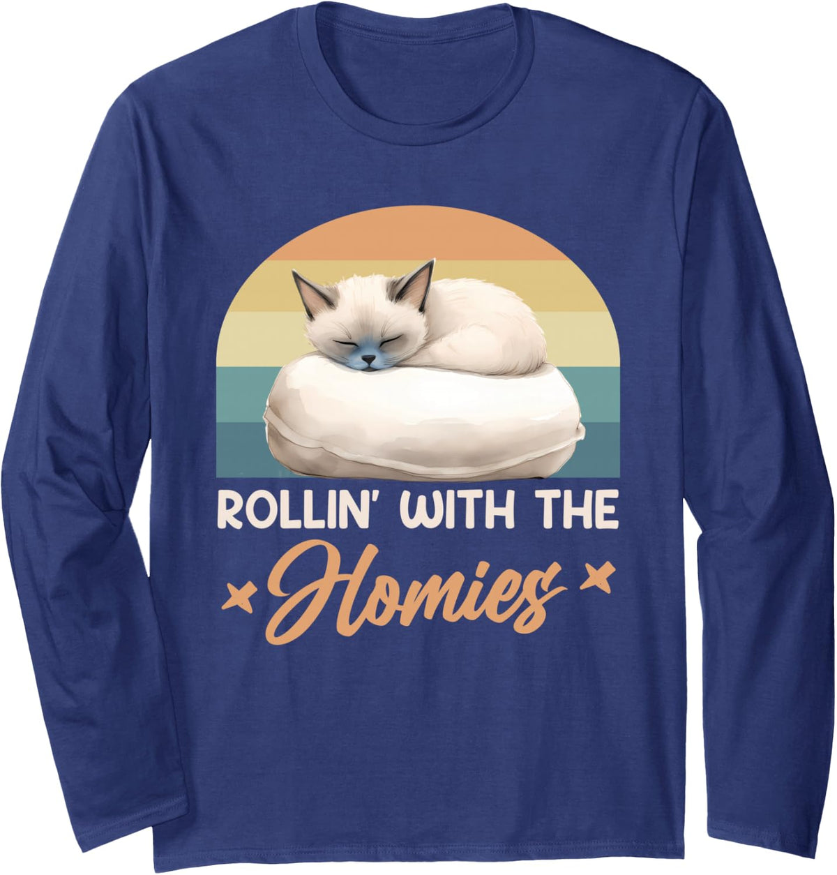 Siamese Cats ROLLIN' WITH THE HOMIES Funny Vintage Long Sleeve T-Shirt - Adult Unisex Navy Blue