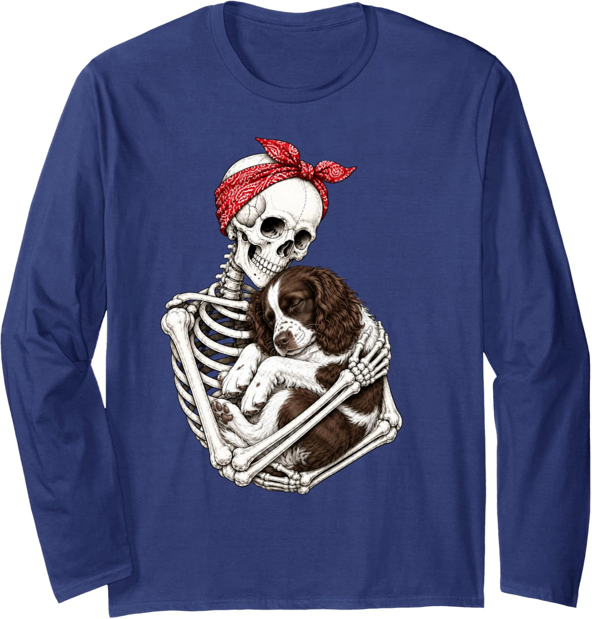 Skeleton Holding English Springer Spaniel Dog Funny Lazy Long Sleeve T-Shirt - Adult Unisex Navy Blue