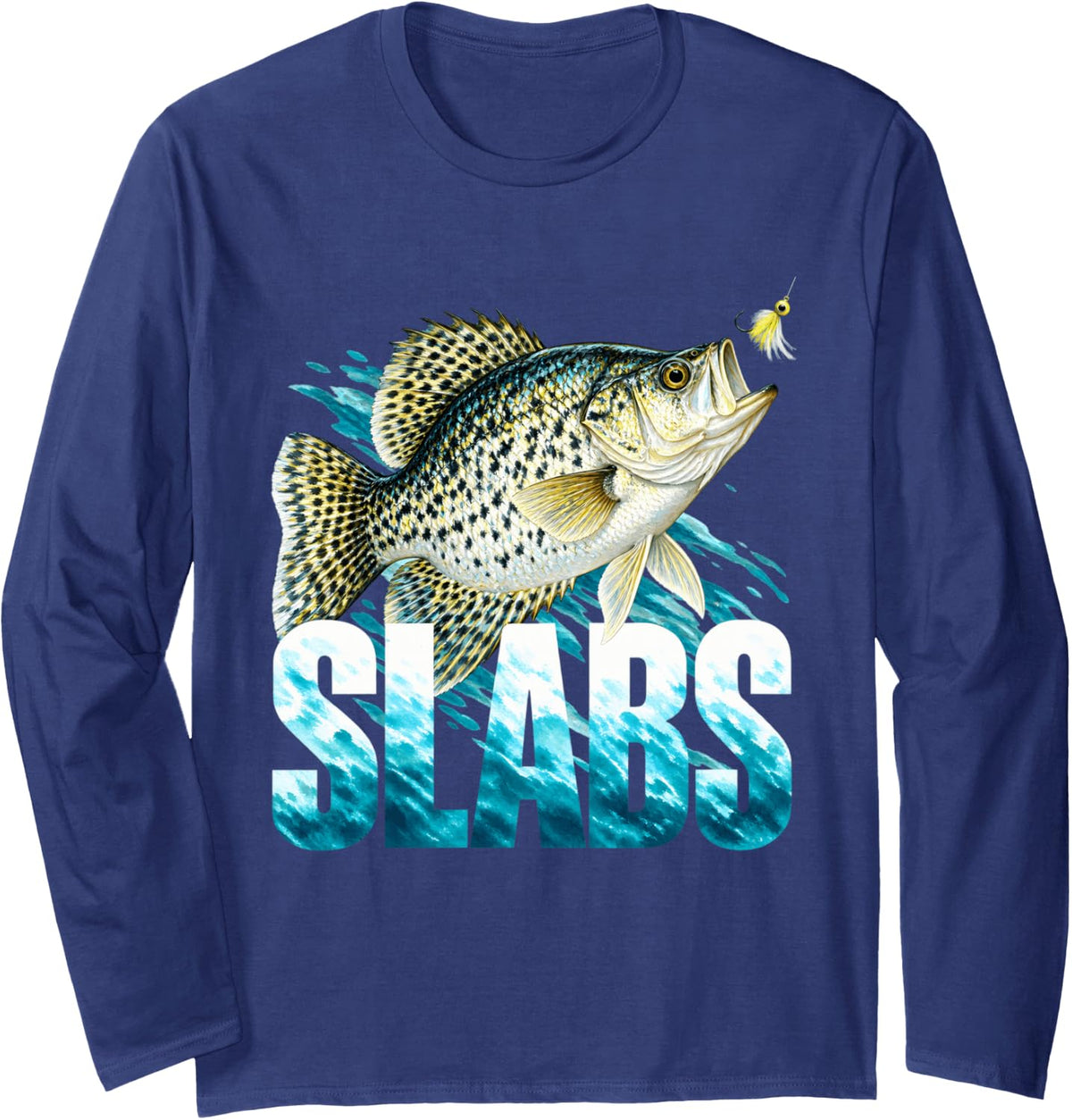 Slabs Crappie Fish and Lure Long Sleeve T-Shirt - Adult Unisex Navy Blue