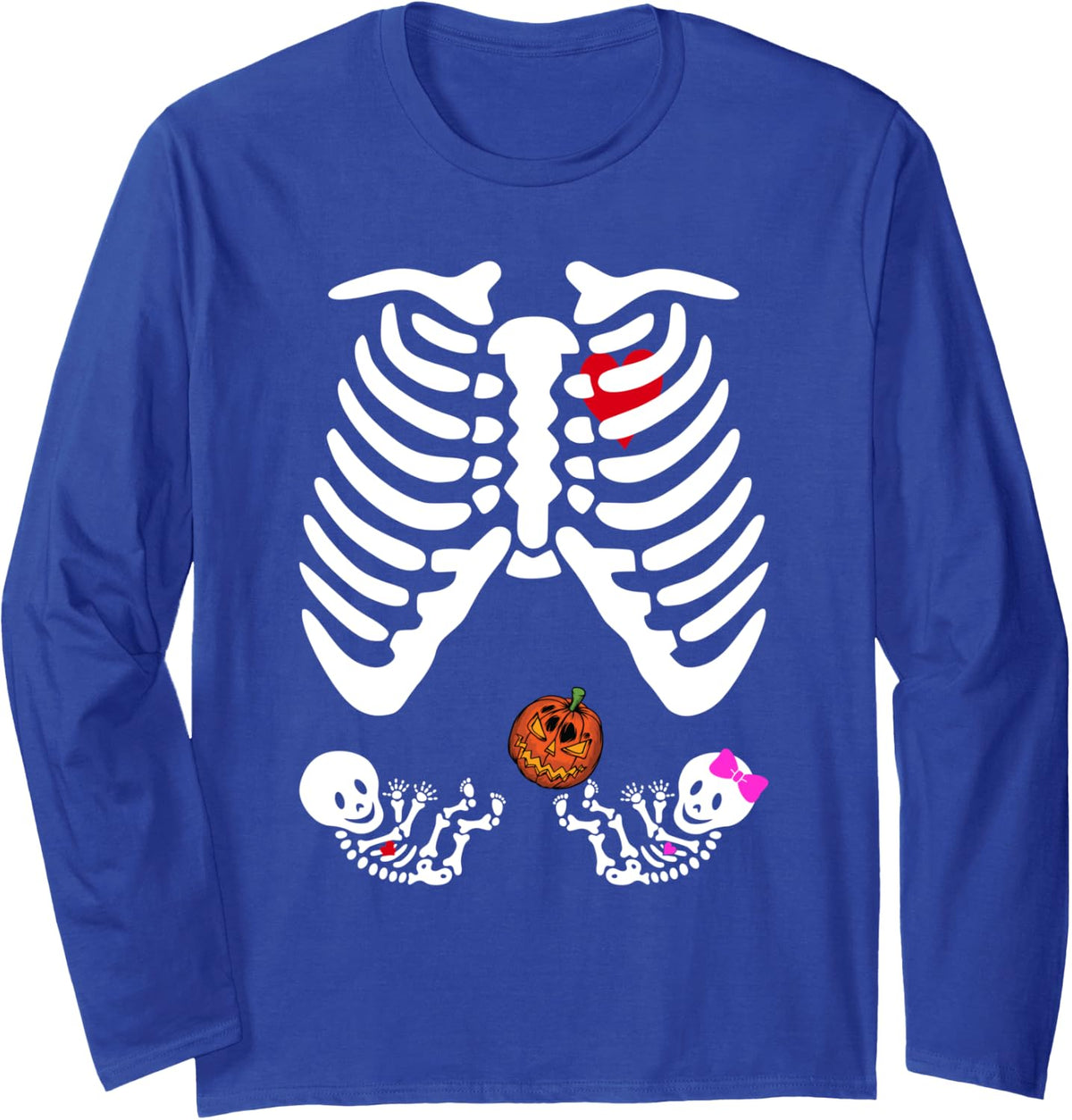 Skeleton Twins Girl Boy Pregnancy Halloween costume Pumpkin Long Sleeve T-Shirt - Adult Unisex Royal Blue