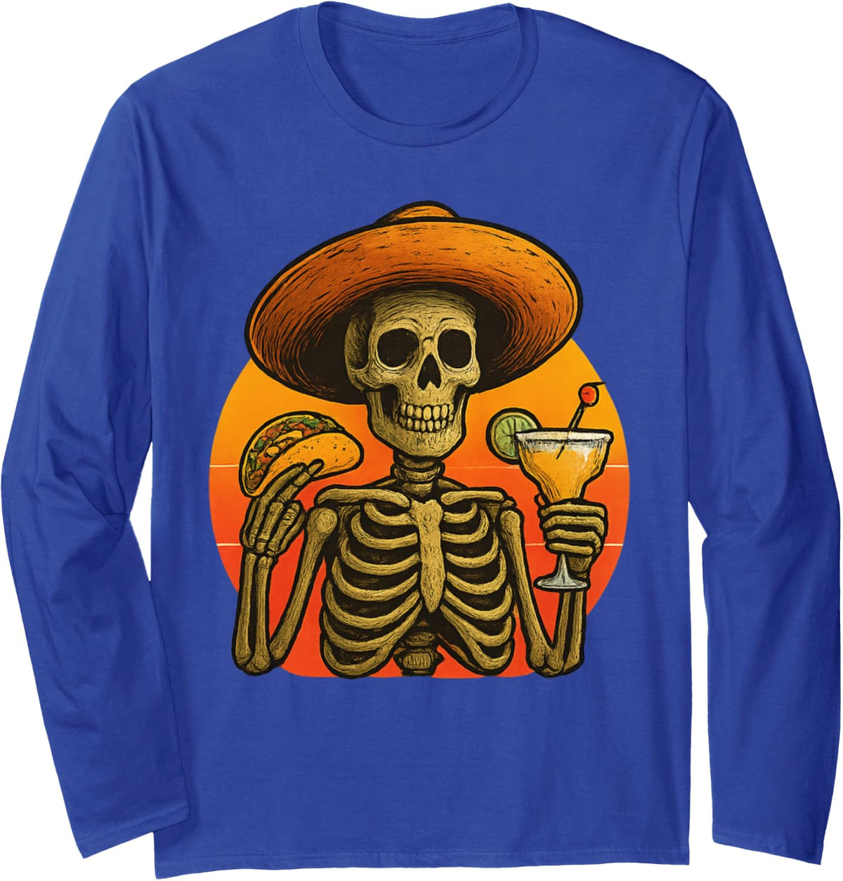Skeleton Fiesta Cinco de Mayo Taco and Margarita Celebration Long Sleeve T-Shirt - Adult Unisex Royal Blue