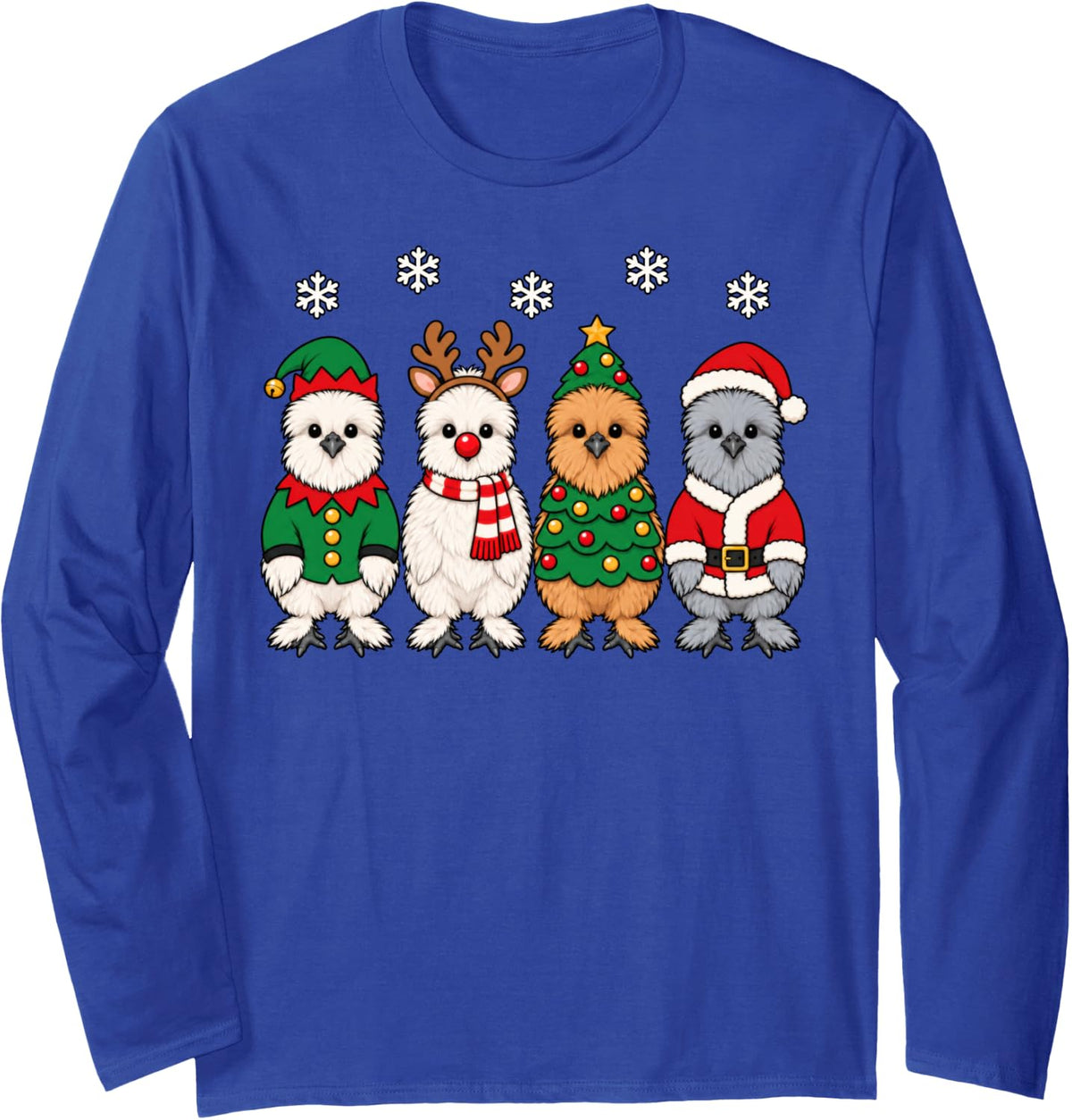 Silkie Chicken Christmas Reindeer Santa Farm Animal Long Sleeve T-Shirt - Adult Unisex Royal Blue