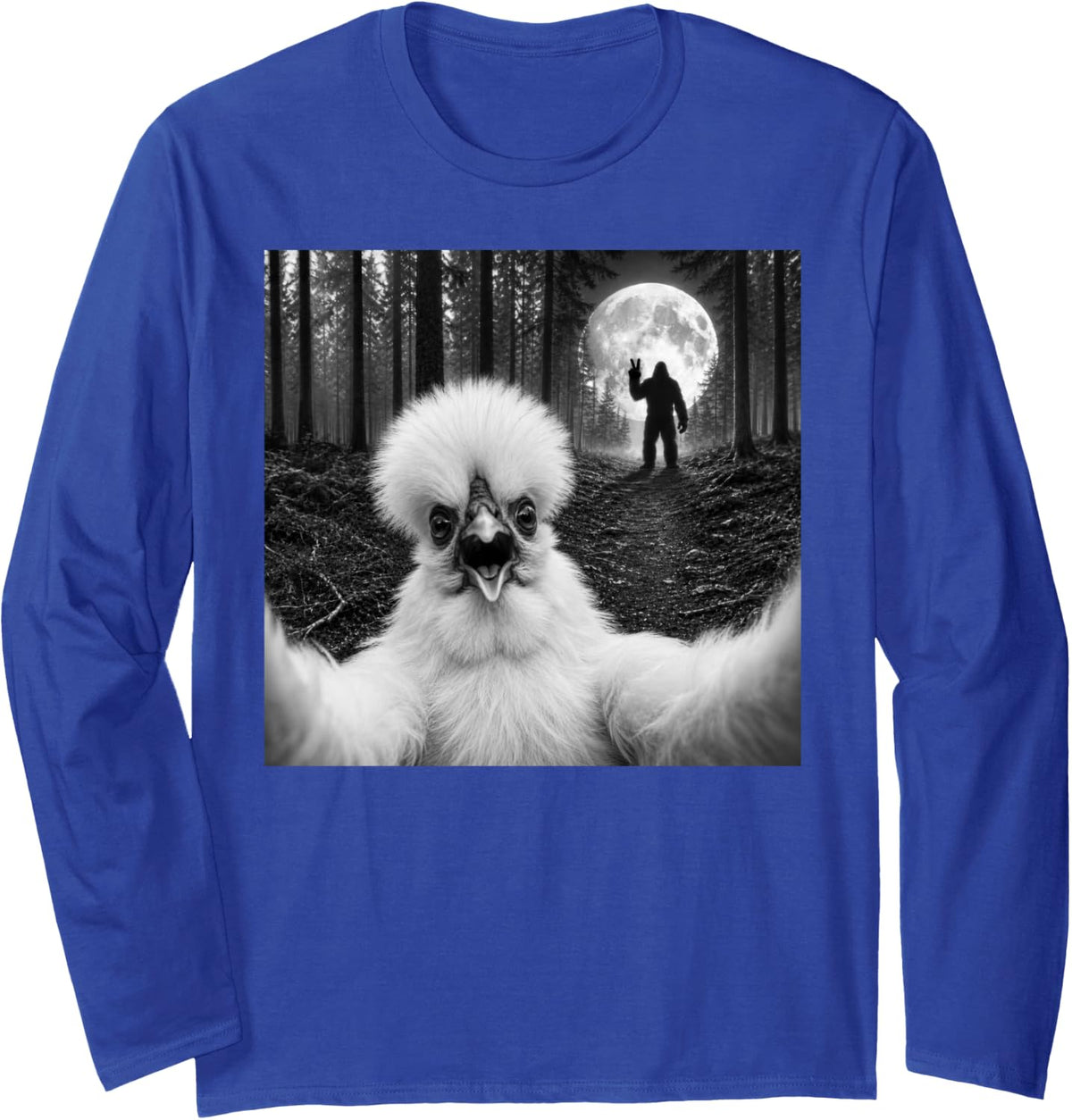 Silkie Chicken Selfie with Bigfoot Peace Sign Sasquatch Long Sleeve T-Shirt - Adult Unisex Royal Blue