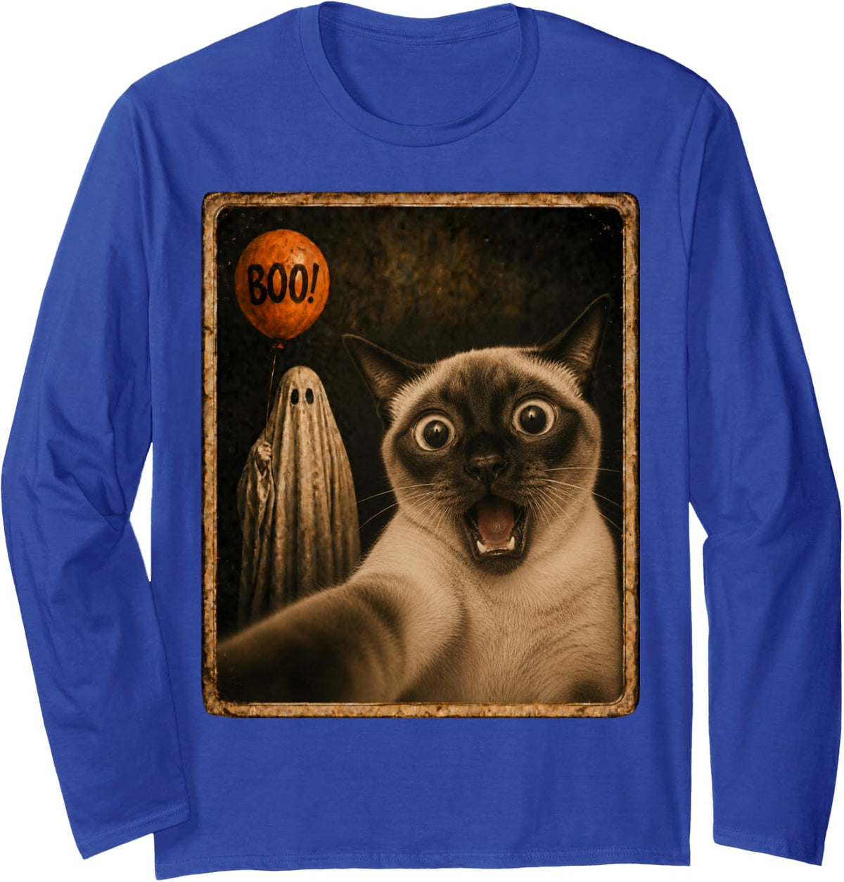 Siamese Halloween Ghost Selfie Boo Cat Meme Graphic Long Sleeve T-Shirt - Adult Unisex Royal Blue