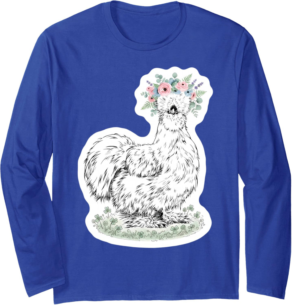 Silkie Chicken with Floral Headband Farm Animal Owner Cute Long Sleeve T-Shirt - Adult Unisex Royal Blue