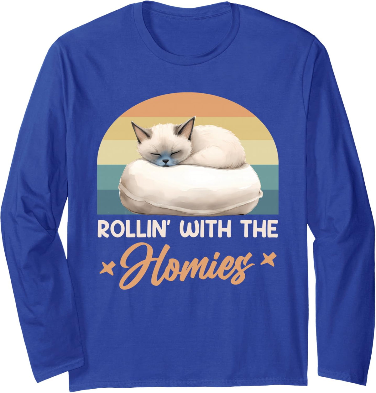 Siamese Cats ROLLIN' WITH THE HOMIES Funny Vintage Long Sleeve T-Shirt - Adult Unisex Royal Blue