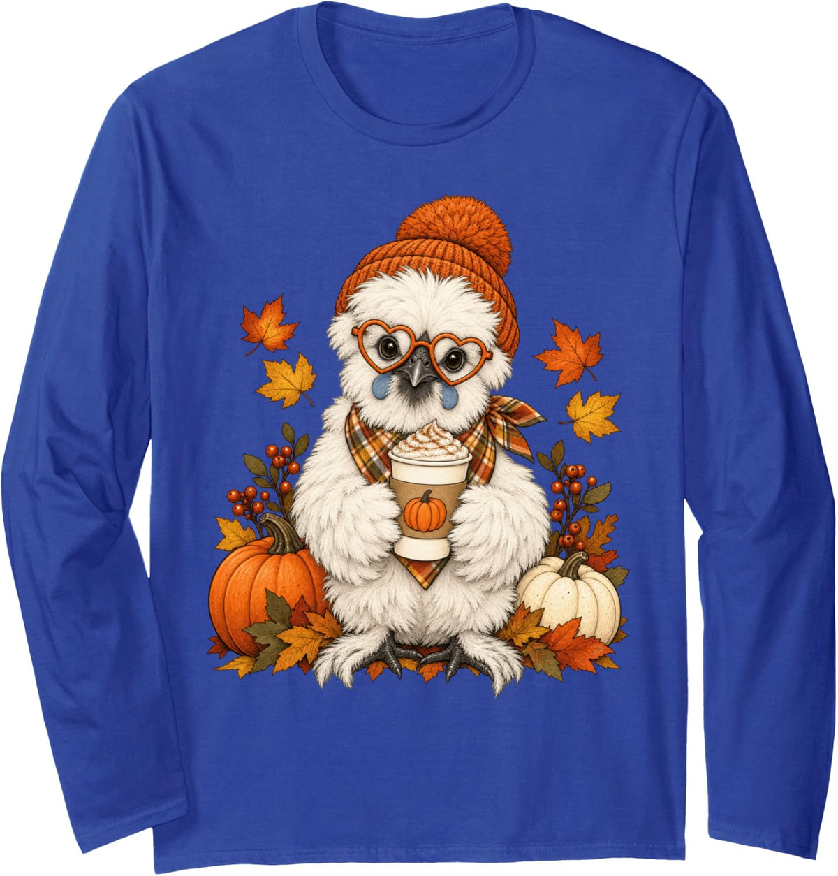 Silkie Chicken Fall Autumn Season Pumpkin Spice Farm Animal Long Sleeve T-Shirt - Adult Unisex Royal Blue