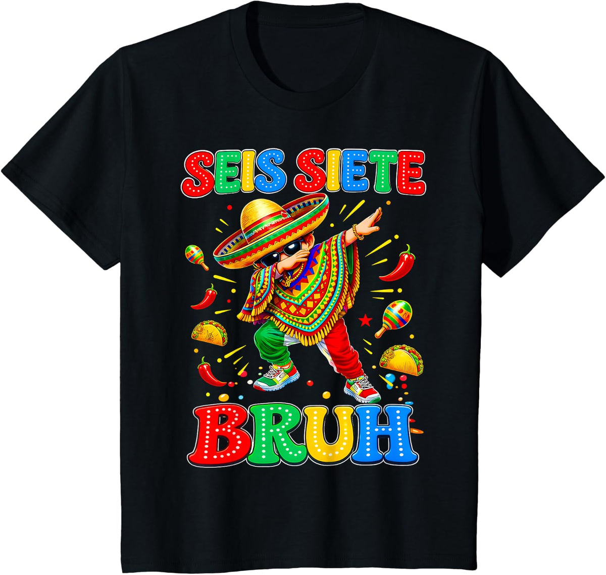 Six Seven Bruh SEIS Siete Cinco De Mayo Mexican Boy Gift Kid T-Shirt - Black