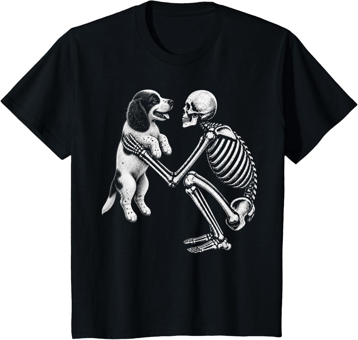 Skeleton Holding English Springer Spaniel Retro Halloween T-Shirt - Black