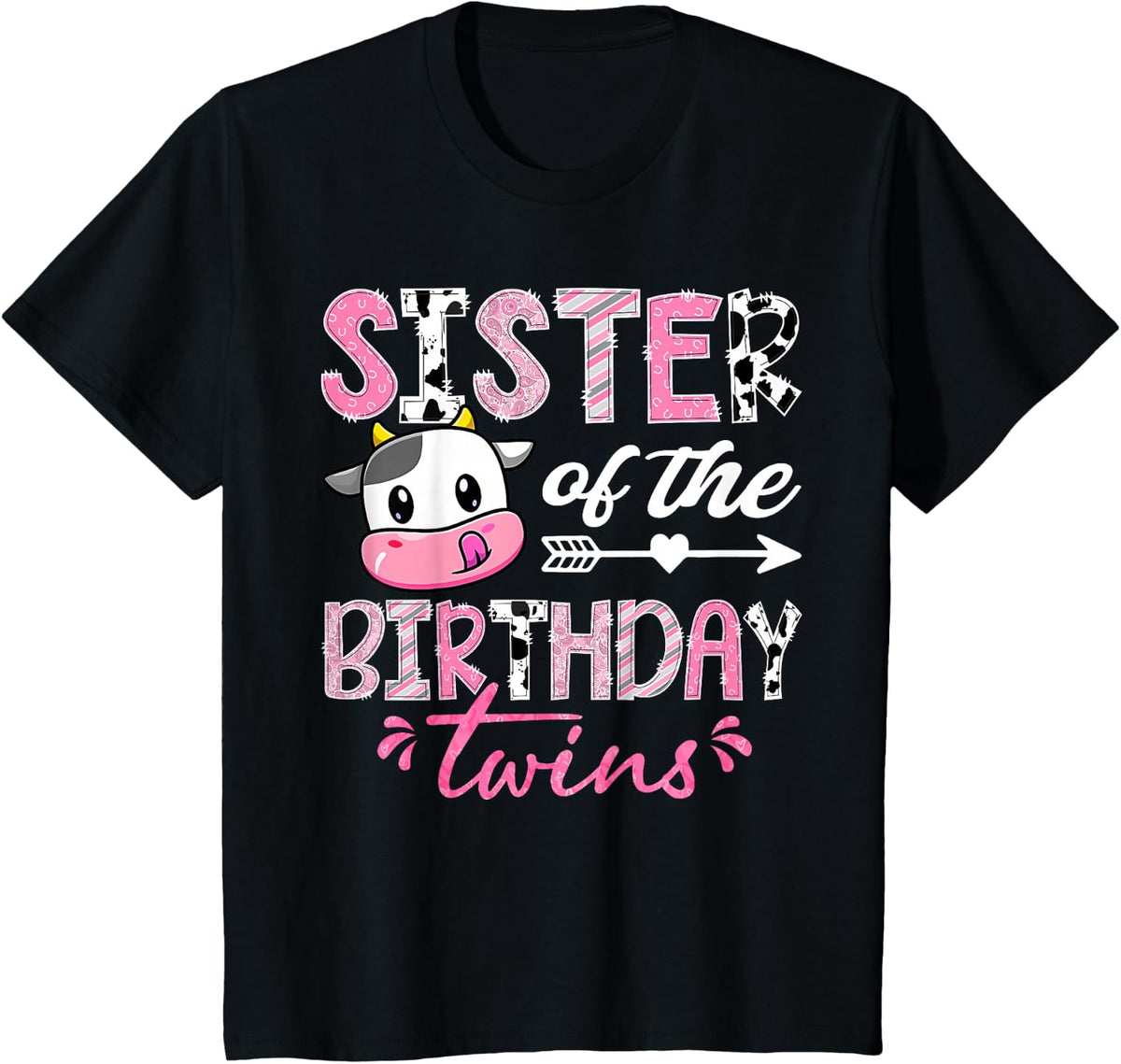 Sister of The Birthday Twins Farm Cow 1st Birthday Party T-Shirt - Black