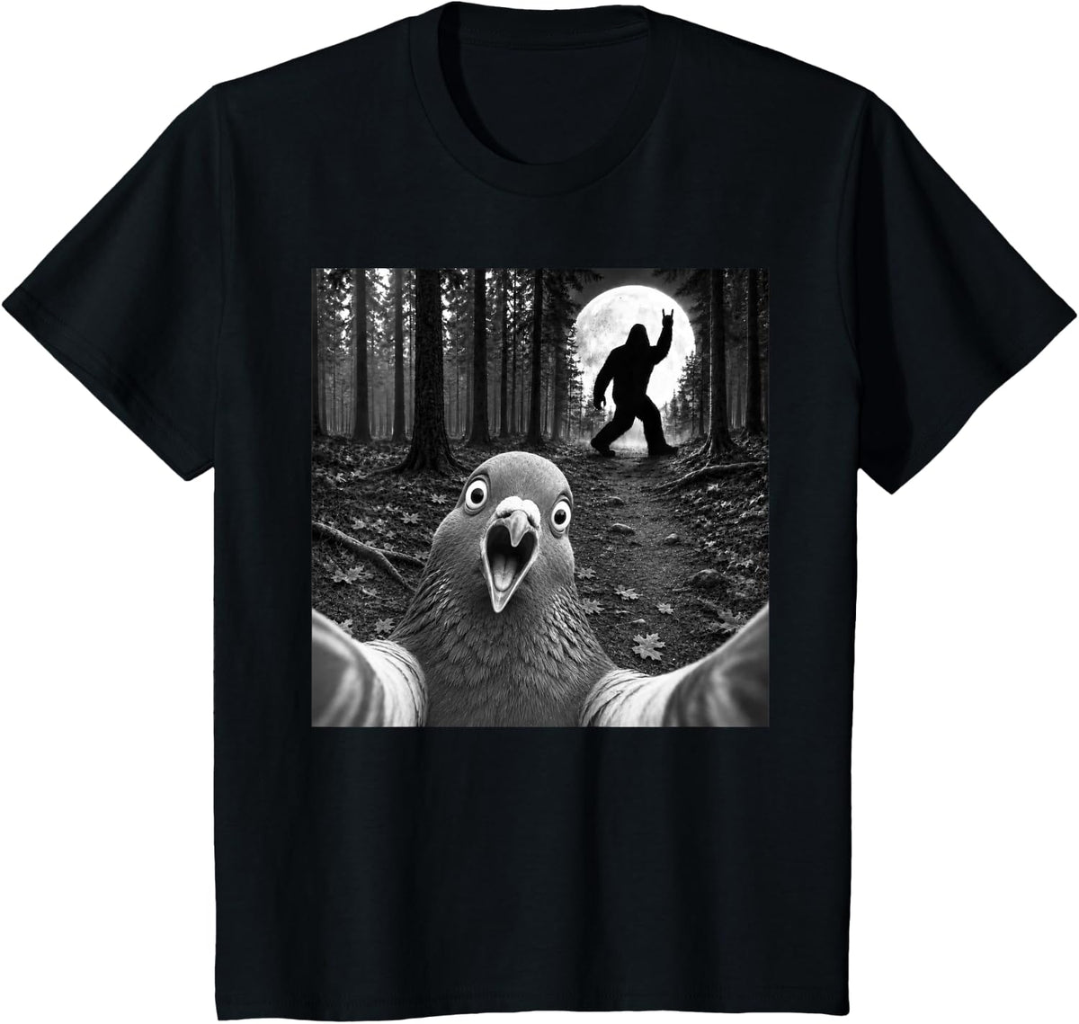 Silkie Chicken Selfie with Bigfoot Rock and Roll Sasquatch T-Shirt - Black