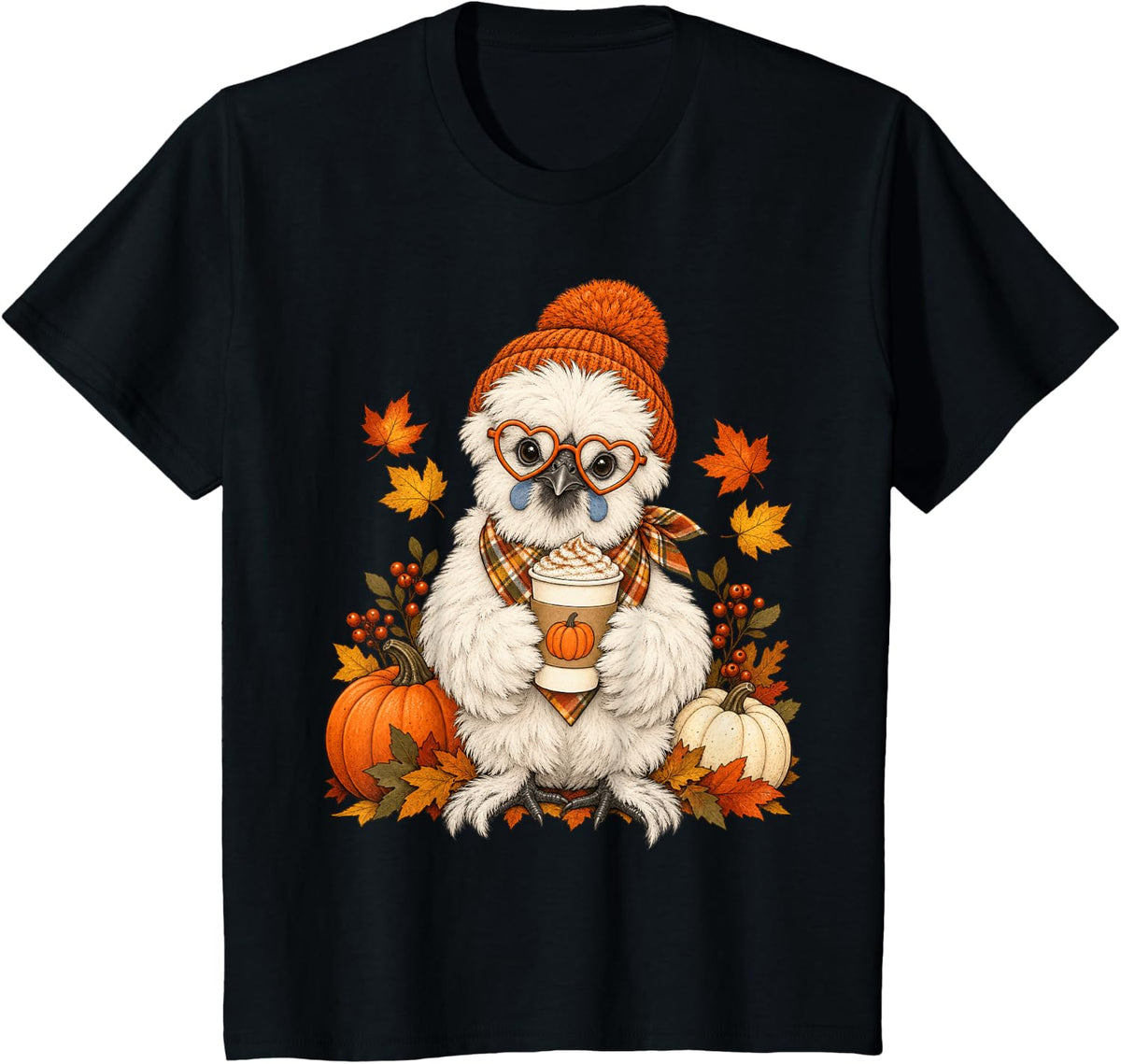 Silkie Chicken Fall Autumn Season Pumpkin Spice Farm Animal T-Shirt - Black