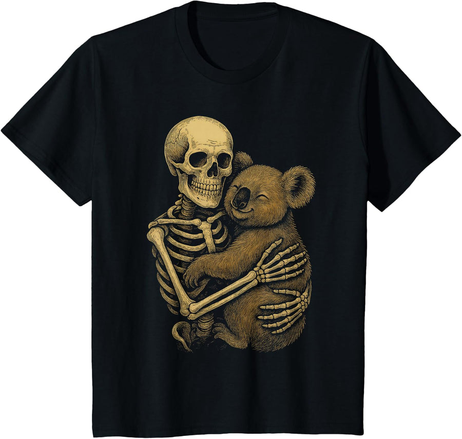 Skeleton Hugging Koala Funny Halloween T-Shirt - Black