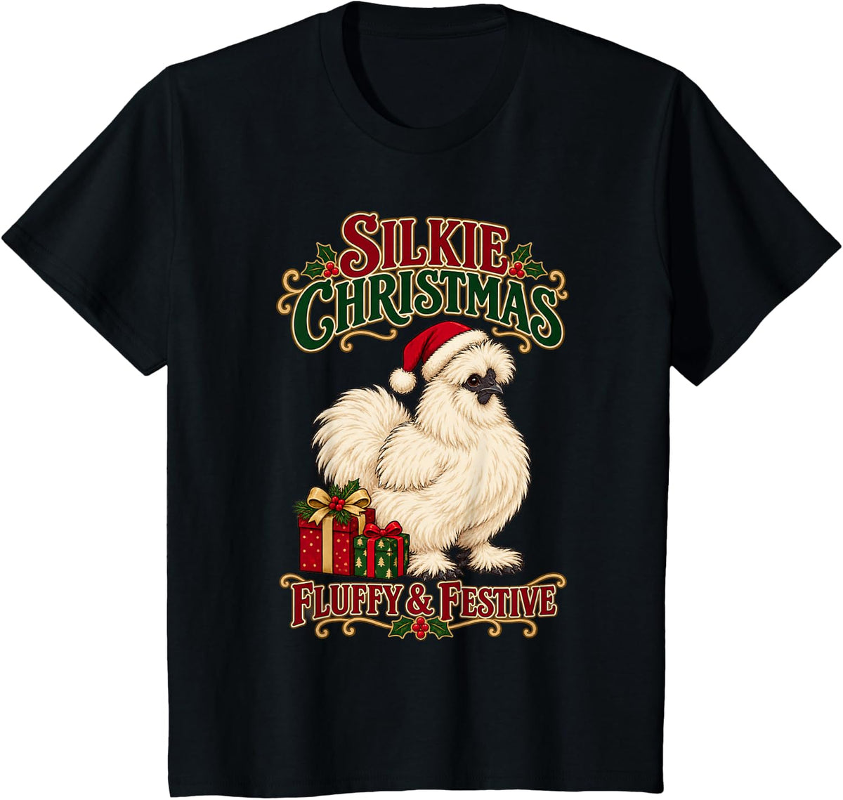Silkie Christmas Fluffy Festive Chicken Lover Xmas Farm T-Shirt - Black