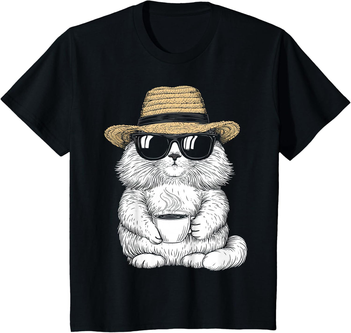 Siberian Cat with Sunglasses Drinking Coffee T-Shirt - Black