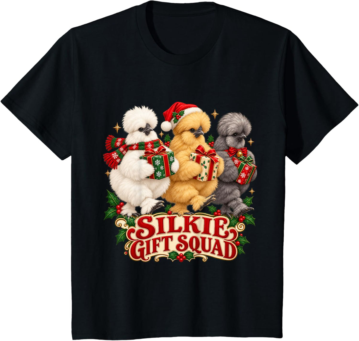 Silkie Squad Cute Christmas Chicken Lover Holiday Merry Xmas T-Shirt - Black