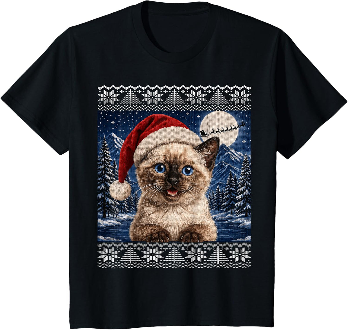 Siamese Kitty Cat Kitten Santa Ugly Christmas T-Shirt - Black