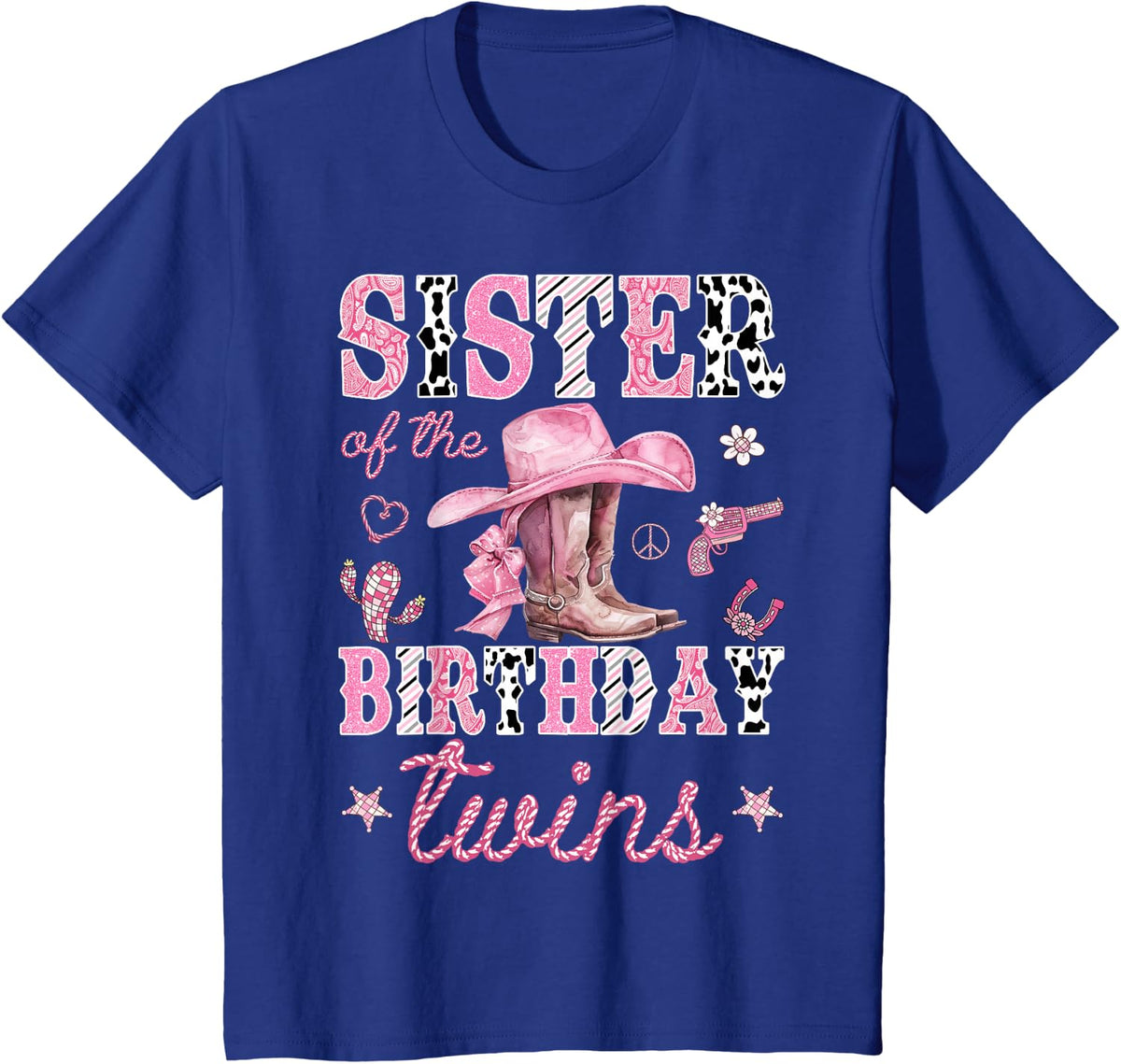 Sister of The Birthday Twins Pink Rodeo Cowgirl Western T-Shirt - Royal Blue