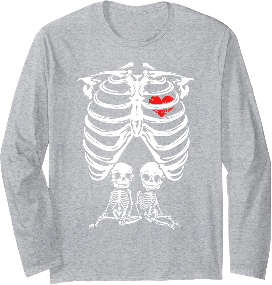 Skeleton Twin Pregnancy Gift Women Funny Twins Announcement Long Sleeve T-Shirt - Adult Unisex Heather Grey