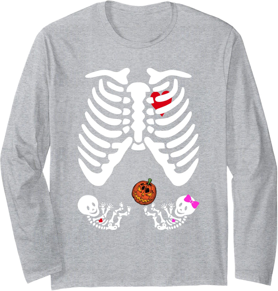 Skeleton Twins Girl Boy Pregnancy Halloween costume Pumpkin Long Sleeve T-Shirt - Adult Unisex Heather Grey