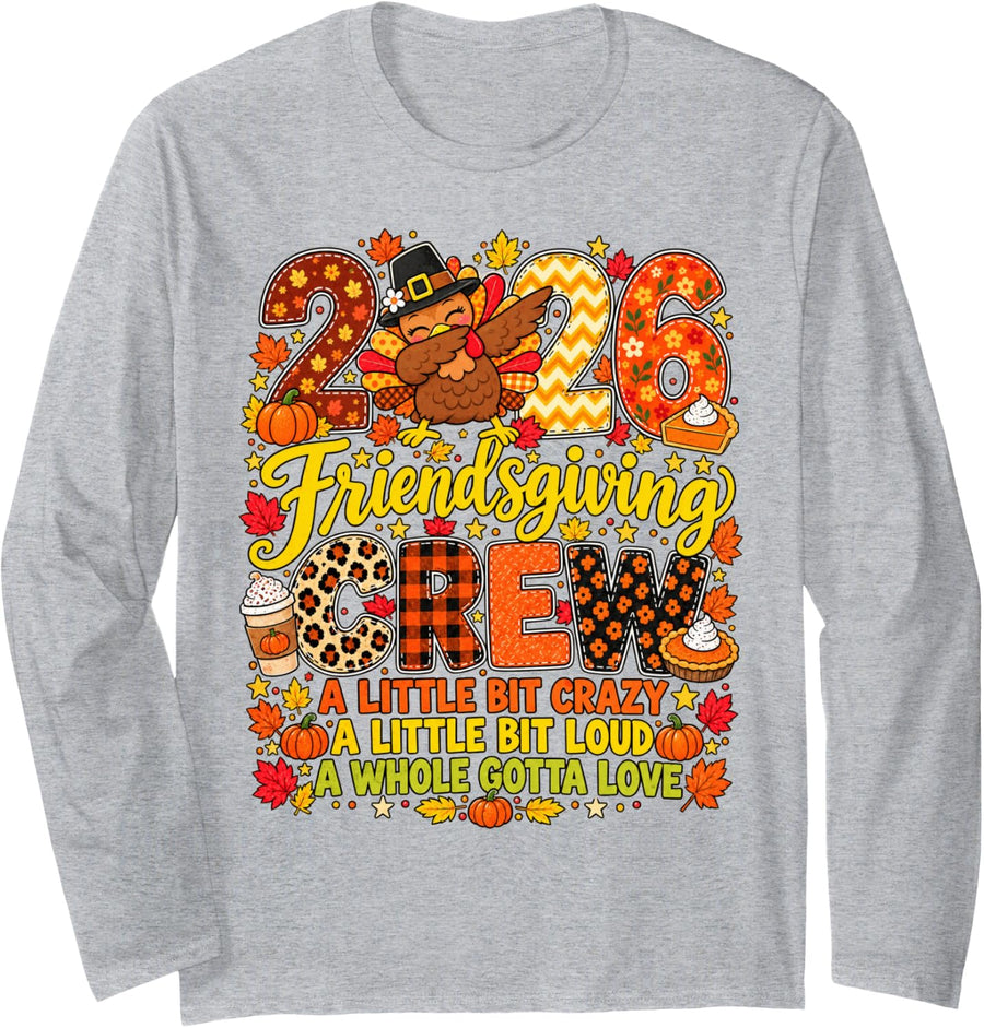 Friendsgiving Crew Thanksgiving 2026 Squad Turkey Friends Long Sleeve T-Shirt - Adult Unisex Heather Grey