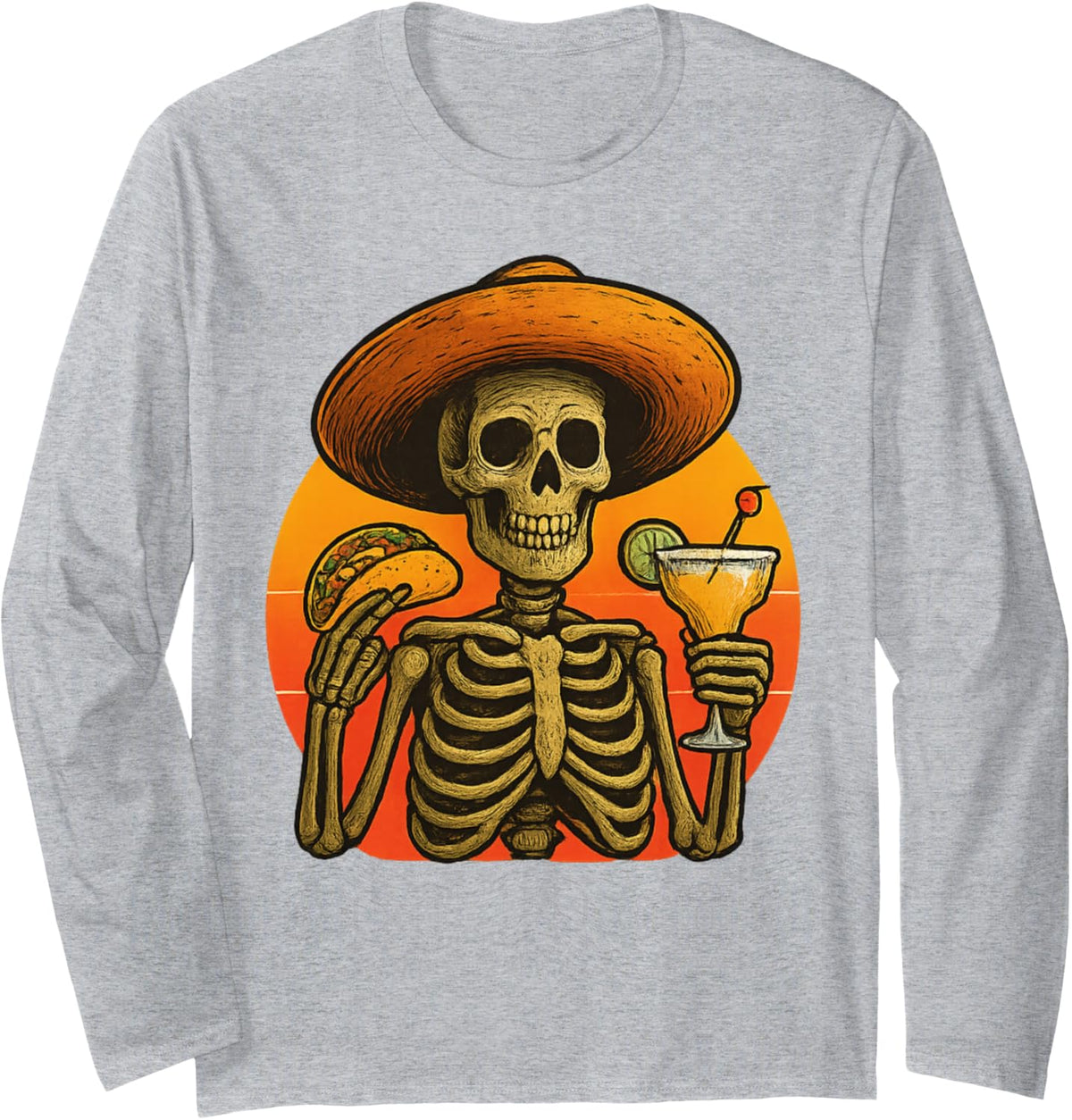 Skeleton Fiesta Cinco de Mayo Taco and Margarita Celebration Long Sleeve T-Shirt - Adult Unisex Heather Grey