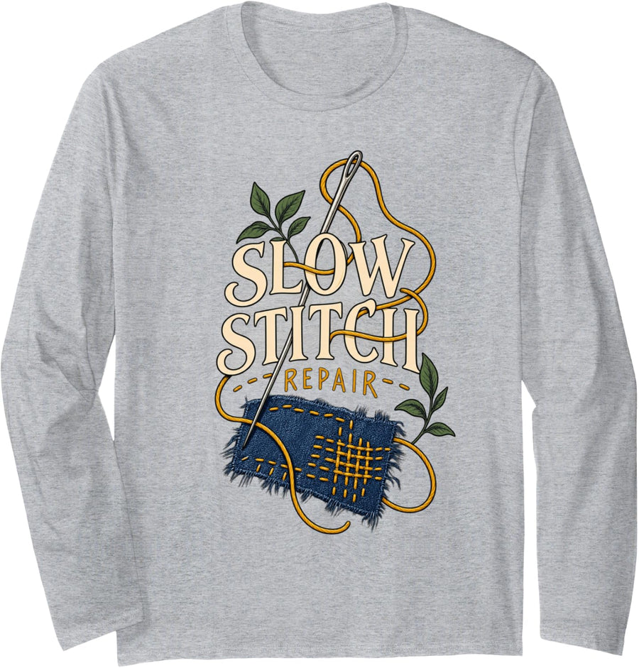 Slow Stitch Repair Visible Mending Sewing Long Sleeve T-Shirt - Adult Unisex Heather Grey