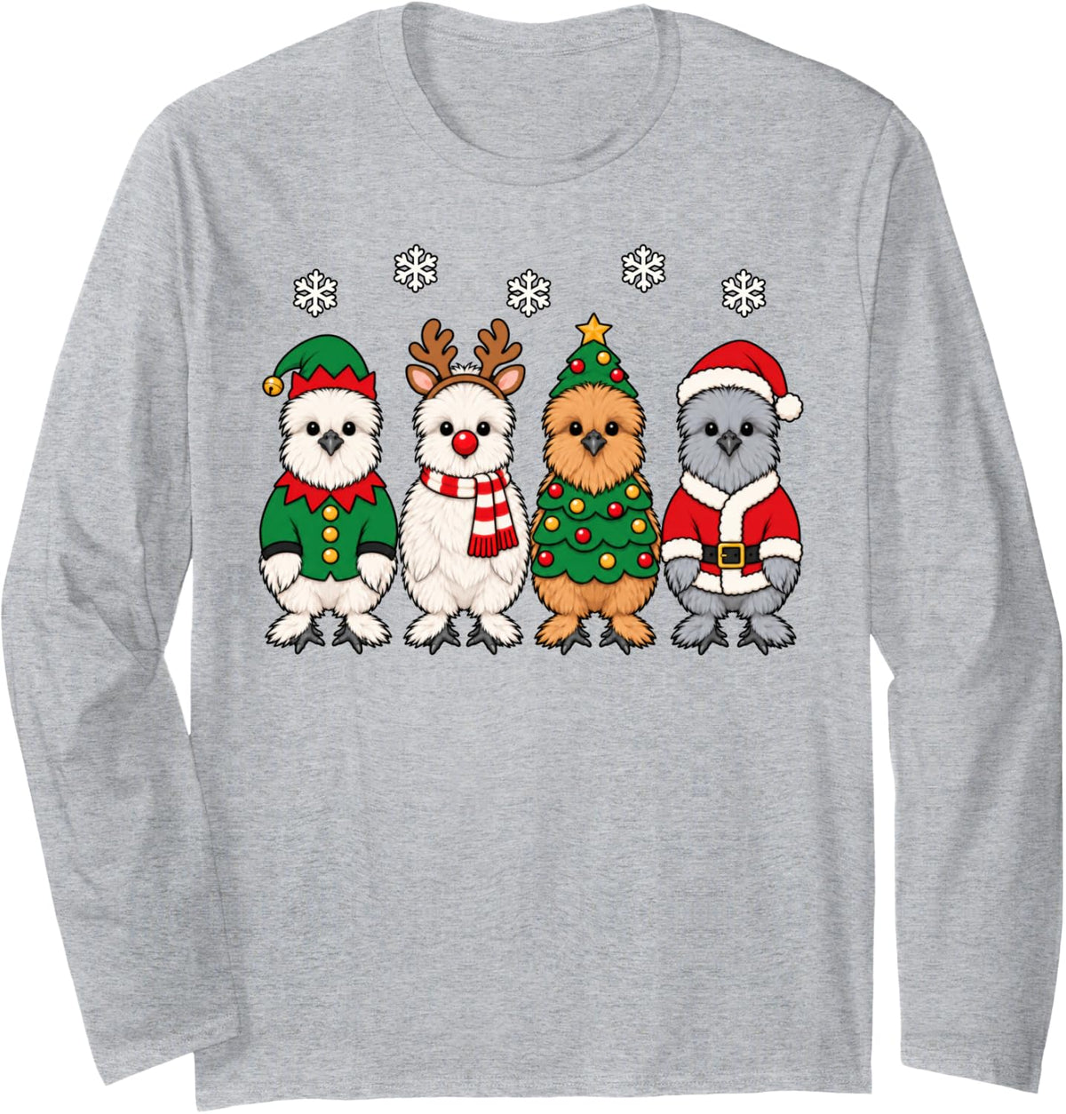 Silkie Chicken Christmas Reindeer Santa Farm Animal Long Sleeve T-Shirt - Adult Unisex Heather Grey