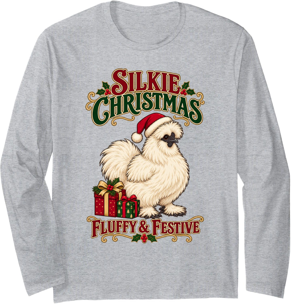 Silkie Christmas Fluffy Festive Chicken Lover Xmas Farm Long Sleeve T-Shirt - Adult Unisex Heather Grey