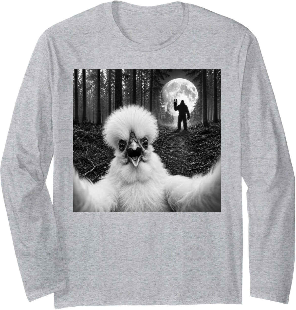 Silkie Chicken Selfie with Bigfoot Peace Sign Sasquatch Long Sleeve T-Shirt - Adult Unisex Heather Grey