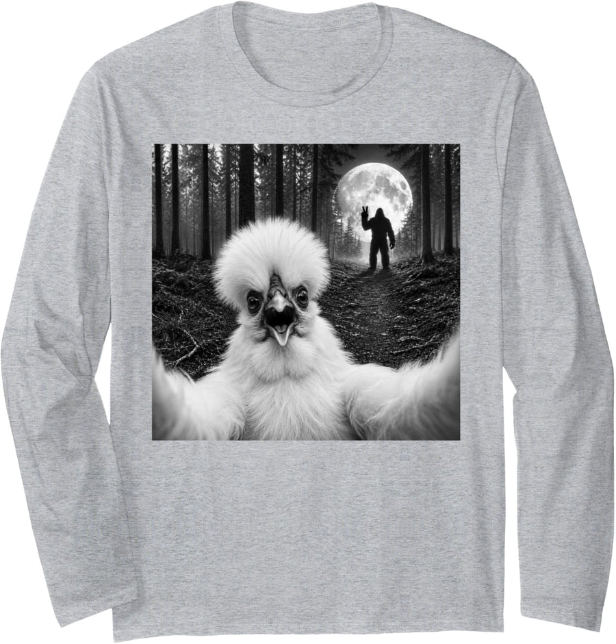Silkie Chicken Selfie with Bigfoot Peace Sign Sasquatch Long Sleeve T-Shirt - Adult Unisex Heather Grey