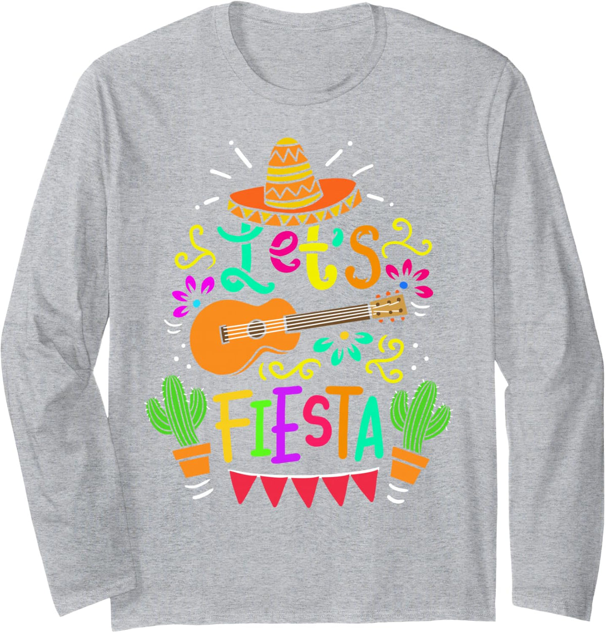 Cinco De Mayo Mexican Guitar Cactus for Men Women Boys Girls Long Sleeve T-Shirt - Adult Unisex Heather Grey