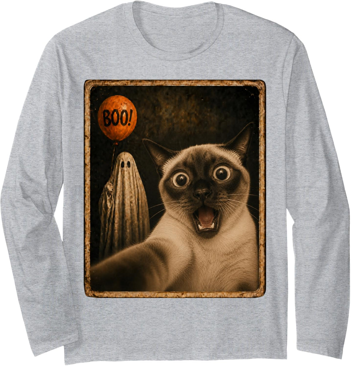 Siamese Halloween Ghost Selfie Boo Cat Meme Graphic Long Sleeve T-Shirt - Adult Unisex Heather Grey